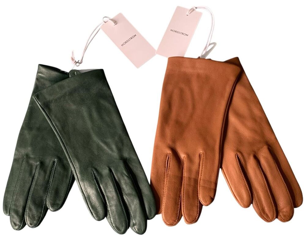 2 NEW NWT Nordstrom green & camel Leather Silk GLOVES SET sz M